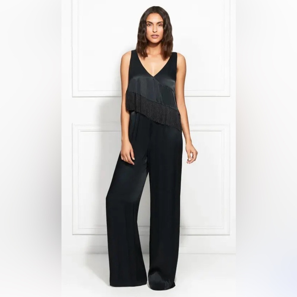 Rachel Zoe Black Fringe Satin Wide Leg Jumpsuit